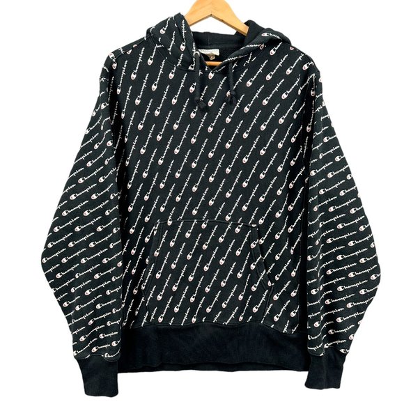 Champion Other - Champion Jumper Mens Large All Over Print Reverse Weave Hoodie Pullover Black